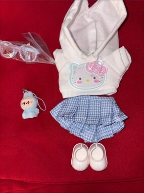 NWT Hello Kitty White Hoodie with Pink Bow Patch & Blue Checked Skirt Set